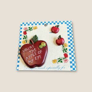 Apple Of My Eye Brooch & Earrings Set On Original Card - Red Apple Design With C